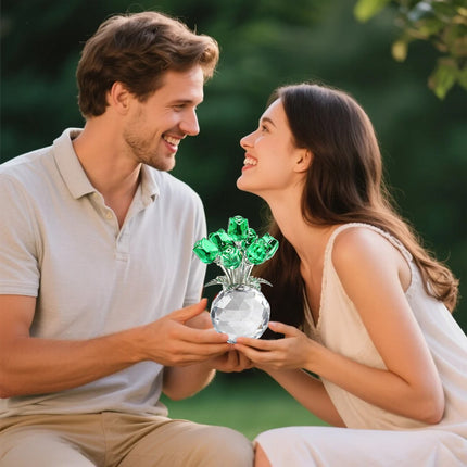 Clear Roses Bouquet Figurines, Glass Rose Flowers with Round Vase, Transparent Bouquet for Home Birthday Party Wedding Valentines Day Mother's Day Green.