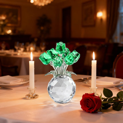 Clear Roses Bouquet Figurines, Glass Rose Flowers with Round Vase, Transparent Bouquet for Home Birthday Party Wedding Valentines Day Mother's Day Green.