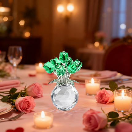 Clear Roses Bouquet Figurines, Glass Rose Flowers with Round Vase, Transparent Bouquet for Home Birthday Party Wedding Valentines Day Mother's Day Green.