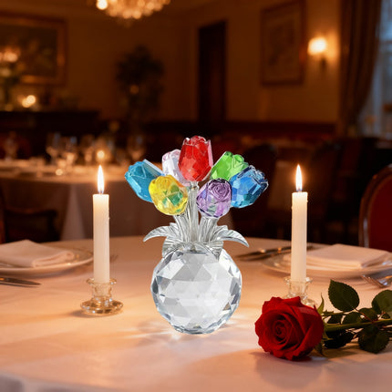 Clear Roses Bouquet Figurines, Glass Rose Flowers with Round Vase, Transparent Bouquet for Home Birthday Party Wedding Valentines Day Mother's Day Multicolor.