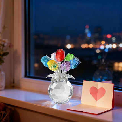 Clear Roses Bouquet Figurines, Glass Rose Flowers with Round Vase, Transparent Bouquet for Home Birthday Party Wedding Valentines Day Mother's Day Multicolor.