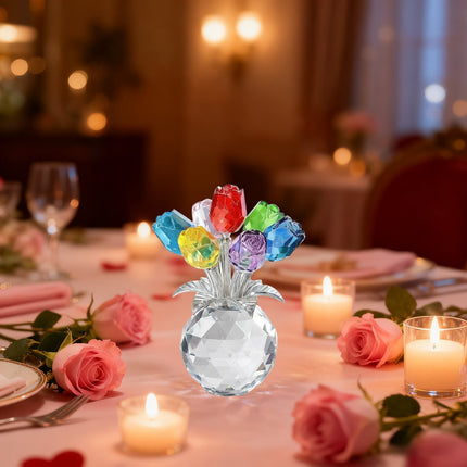 Clear Roses Bouquet Figurines, Glass Rose Flowers with Round Vase, Transparent Bouquet for Home Birthday Party Wedding Valentines Day Mother's Day Multicolor.