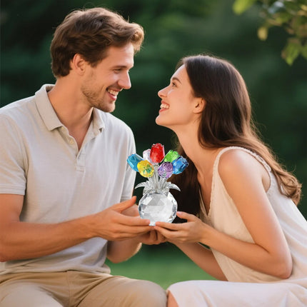 Clear Roses Bouquet Figurines, Glass Rose Flowers with Round Vase, Transparent Bouquet for Home Birthday Party Wedding Valentines Day Mother's Day Multicolor.