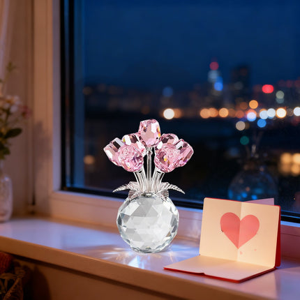 Clear Roses Bouquet Figurines, Glass Rose Flowers with Round Vase, Transparent Bouquet for Home Birthday Party Wedding Valentines Day Mother's Day Pink.