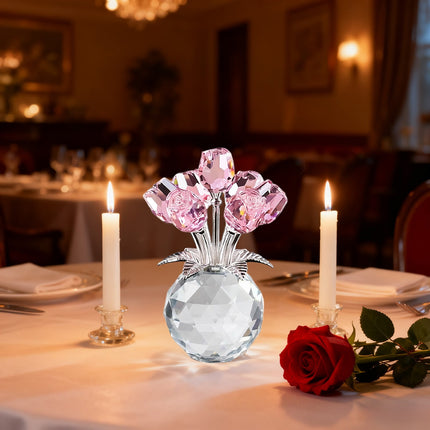 Clear Roses Bouquet Figurines, Glass Rose Flowers with Round Vase, Transparent Bouquet for Home Birthday Party Wedding Valentines Day Mother's Day Pink.