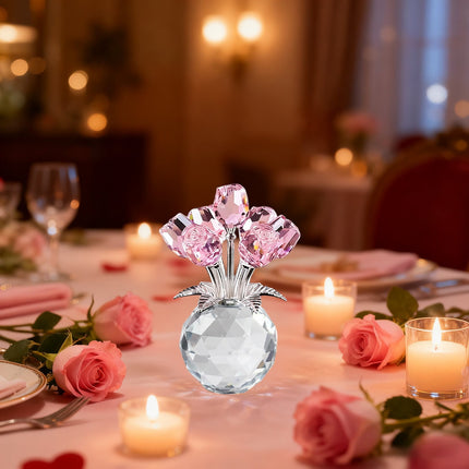 Clear Roses Bouquet Figurines, Glass Rose Flowers with Round Vase, Transparent Bouquet for Home Birthday Party Wedding Valentines Day Mother's Day Pink.