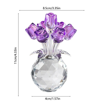 Clear Roses Bouquet Figurines, Glass Rose Flowers with Round Vase, Transparent Bouquet for Home Birthday Party Wedding Valentines Day Mother's Day Purple.