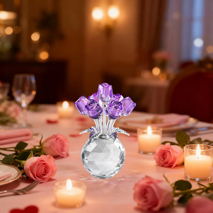 Clear Roses Bouquet Figurines, Glass Rose Flowers with Round Vase, Transparent Bouquet for Home Birthday Party Wedding Valentines Day Mother's Day Purple.