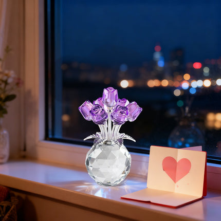 Clear Roses Bouquet Figurines, Glass Rose Flowers with Round Vase, Transparent Bouquet for Home Birthday Party Wedding Valentines Day Mother's Day Purple.