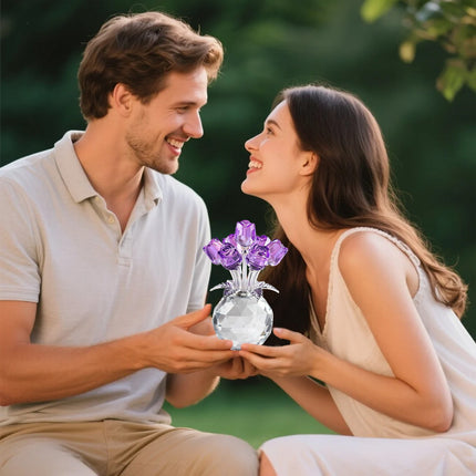 Clear Roses Bouquet Figurines, Glass Rose Flowers with Round Vase, Transparent Bouquet for Home Birthday Party Wedding Valentines Day Mother's Day Purple.