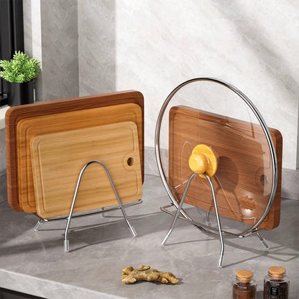 Stainless Steel Cutting Board Rack, Chopping Board Stand Holder, Kitchen Countertop Pots Pan Lids Stand, Drying Rack Organizer, Kitchen Storage Rack, Countertop and Cabinet Coolings Rack Silver.