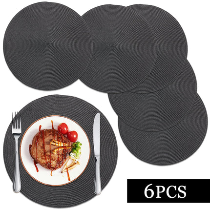 Braided Placemats for Dining Table Set of 6 - Round 15 inch Woven Heat Resistant Non-Slip Kitchen Table Mats, Red Black.