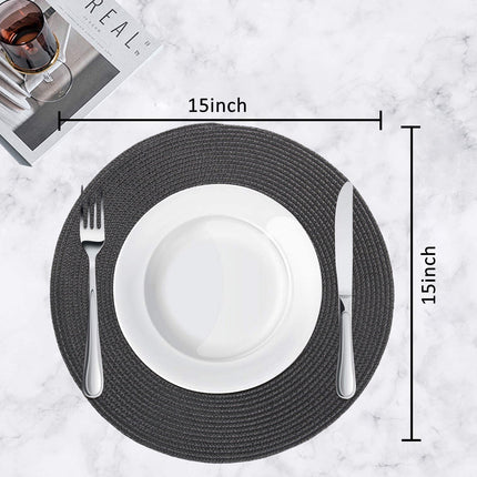 Braided Placemats for Dining Table Set of 6 - Round 15 inch Woven Heat Resistant Non-Slip Kitchen Table Mats, Red Black.