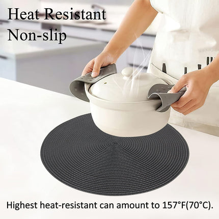Braided Placemats for Dining Table Set of 6 - Round 15 inch Woven Heat Resistant Non-Slip Kitchen Table Mats, Red Black.