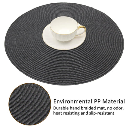 Braided Placemats for Dining Table Set of 6 - Round 15 inch Woven Heat Resistant Non-Slip Kitchen Table Mats, Red Black.