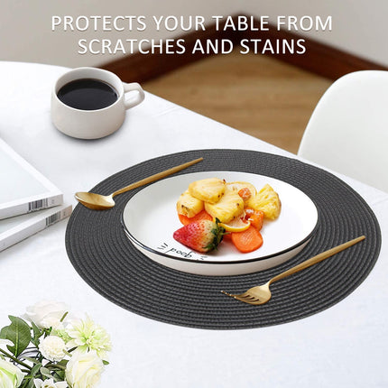 Braided Placemats for Dining Table Set of 6 - Round 15 inch Woven Heat Resistant Non-Slip Kitchen Table Mats, Red Black.