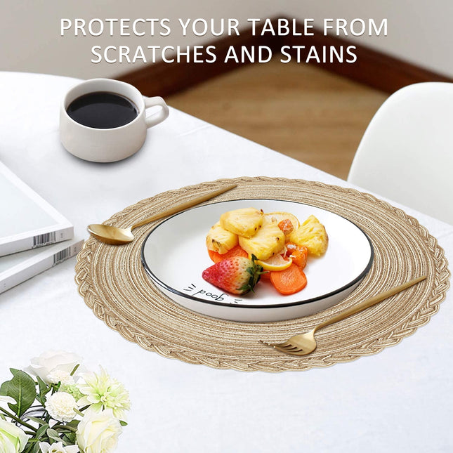 Braided Placemats for Dining Table Set of 6 - Round 15 inch Woven Heat Resistant Non-Slip Kitchen Table Mats, Red Light Coffee.