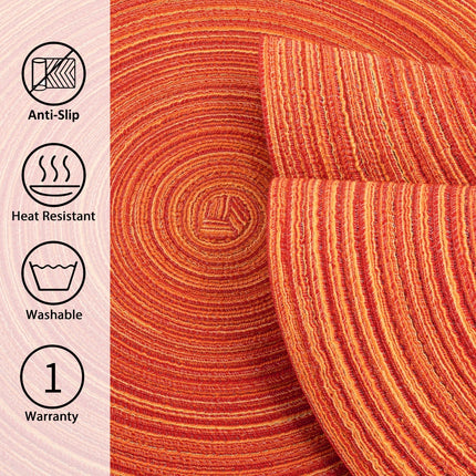 Braided Placemats for Dining Table Set of 6 - Round 15 inch Woven Heat Resistant Non-Slip Kitchen Table Mats Red.