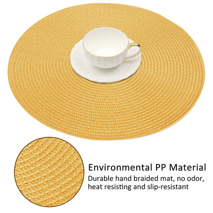 Braided Placemats for Dining Table Set of 6 - Round 15 inch Woven Heat Resistant Non-Slip Kitchen Table Mats, Red Yellow.