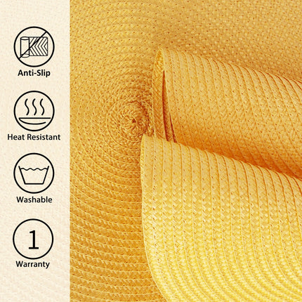 Braided Placemats for Dining Table Set of 6 - Round 15 inch Woven Heat Resistant Non-Slip Kitchen Table Mats, Red Yellow.