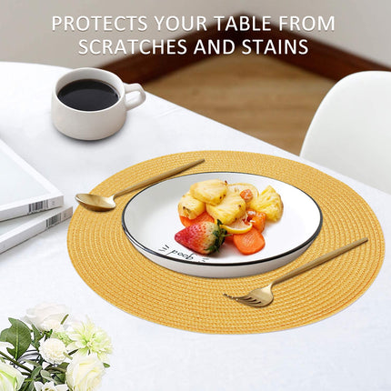 Braided Placemats for Dining Table Set of 6 - Round 15 inch Woven Heat Resistant Non-Slip Kitchen Table Mats, Red Yellow.