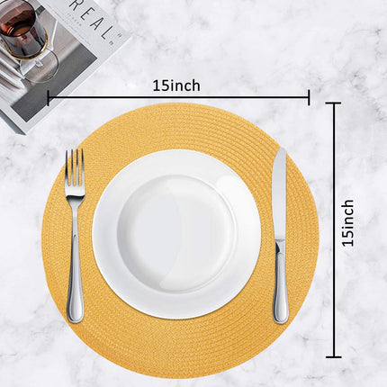 Braided Placemats for Dining Table Set of 6 - Round 15 inch Woven Heat Resistant Non-Slip Kitchen Table Mats, Red Yellow.