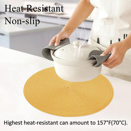 Braided Placemats for Dining Table Set of 6 - Round 15 inch Woven Heat Resistant Non-Slip Kitchen Table Mats, Red Yellow.