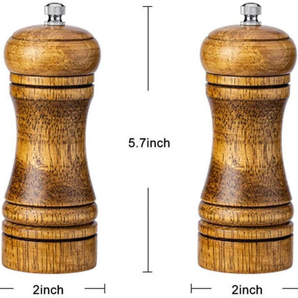 Oak Wood Salt and Pepper Grinder Set: Premium Mills Shakers with Adjustable Coarseness (Set of 2) - 5inch.