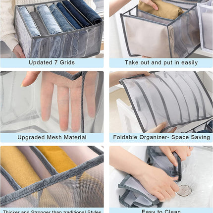 Tutuviw Wardrobe Clothes Organizer for Jeans, Upgraded Drawer Organizers for Clothing with Handle Foldable, Drawer Organizers Clothes(Gray,1PCS-M) 4PCS-7 Cell(2*L+ 3*M).