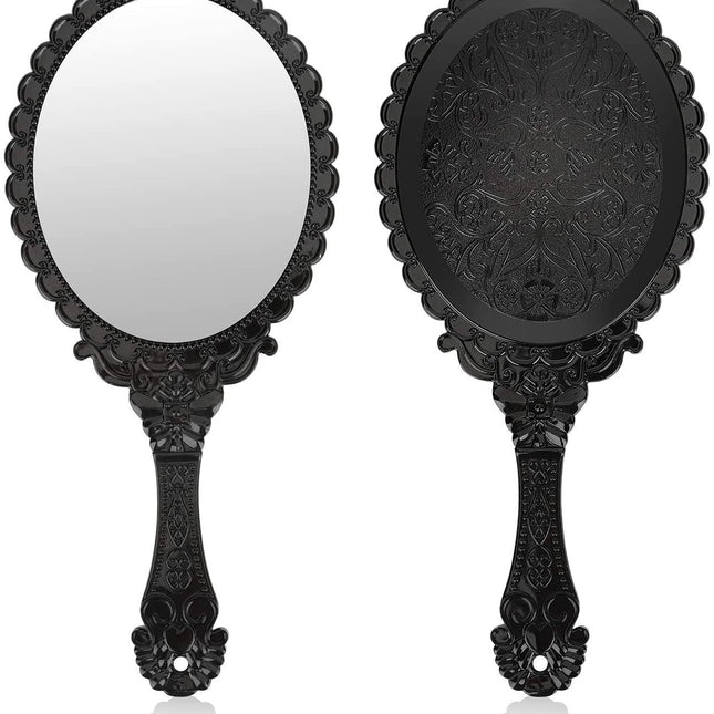Vintage Handheld Mirror, Small Hand Held Decorative Mirrors for Face Makeup Embossed Flower Portable Antique Travel Personal Cosmetic Mirror Black.
