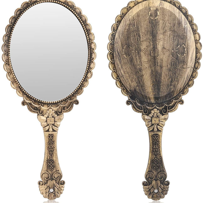 Vintage Handheld Mirror, Small Hand Held Decorative Mirrors for Face Makeup Embossed Flower Portable Antique Travel Personal Cosmetic Mirror Brass Gold.