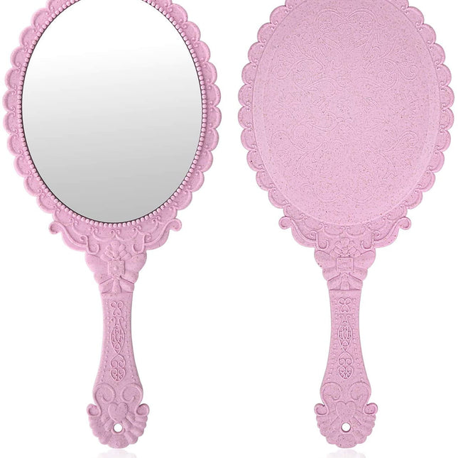 Vintage Handheld Mirror, Small Hand Held Decorative Mirrors for Face Makeup Embossed Flower Portable Antique Travel Personal Cosmetic Mirror Pink.