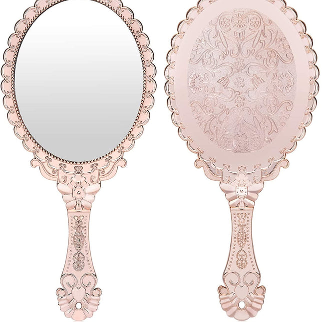 Vintage Handheld Mirror, Small Hand Held Decorative Mirrors for Face Makeup Embossed Flower Portable Antique Travel Personal Cosmetic Mirror Rose Gold.