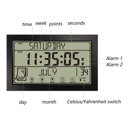Auto Set Digital Wall Clock Battery Operated,Desk Clocks with Temperature,Humidity ， Display Digital Calendar Alarm Clock for Elderly,Bedroom,Office,black，G165466 black.