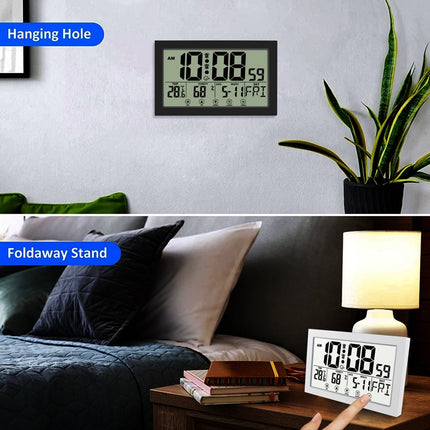 Auto Set Digital Wall Clock Battery Operated,Desk Clocks with Temperature,Humidity ， Display Digital Calendar Alarm Clock for Elderly,Bedroom,Office,black，G165466 white.