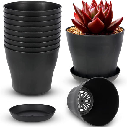 Tutuviw 4 inch Plant Pots,Plastic Planters with Drainage Holes and Saucers for Flowers Plants, Succulents,Seed Starting Pots, Black，8Pack 4inch-Black.