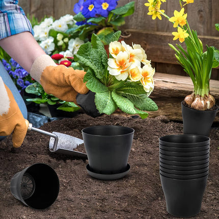 Tutuviw 4 inch Plant Pots,Plastic Planters with Drainage Holes and Saucers for Flowers Plants, Succulents,Seed Starting Pots, Black，8Pack 4inch-Black.