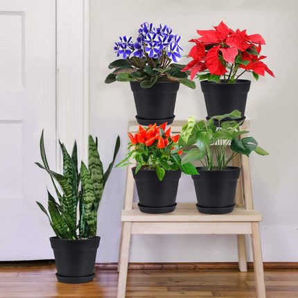 Tutuviw 4 inch Plant Pots,Plastic Planters with Drainage Holes and Saucers for Flowers Plants, Succulents,Seed Starting Pots, Black，8Pack 4inch-Black.