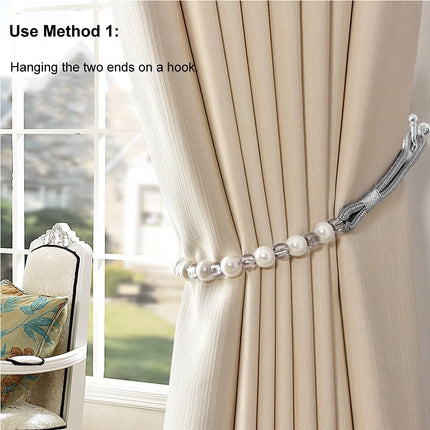 Visland 2 Pack Acrylic Pearl Curtain Tie Backs Curtain Hooks, Elegant Beads Curtain Rope Straps, Decorative Holdbacks Curtain Holders, 29in Sliver Grey.