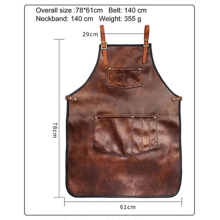 Brown B Chef Apron For Men Women Waterproof Leather Apron With Pockets Cross-Back Straps For Kitchen Bbq Cooking Barber Barista Apron Handworking.