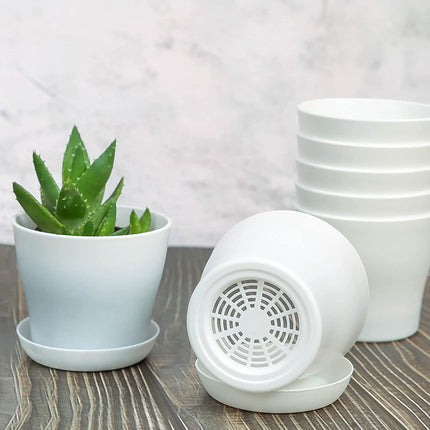Pots for Plants, 8 Pack 4 inch Plastic Planters with Multiple Drainage Holes and Trays - Plant Pots for All Home Garden Flowers Succulents (White) 4inch-White.