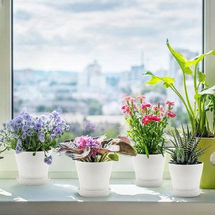 Pots for Plants, 8 Pack 4 inch Plastic Planters with Multiple Drainage Holes and Trays - Plant Pots for All Home Garden Flowers Succulents (White) 4.8inch-White.