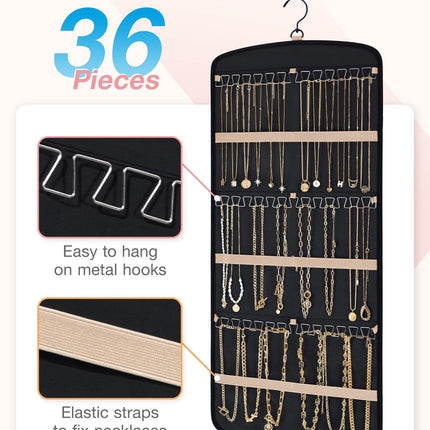 Hanging Jewelry Organizer Necklace Holder Anti-tangle Earrings Rings Hanger with 20 Jewelry Bags Travel Storage Roll with Pockets Hang on Closet, Wall, Door,1 Piece, Large, Black.