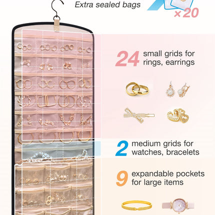 Hanging Jewelry Organizer Necklace Holder Anti-tangle Earrings Rings Hanger with 20 Jewelry Bags Travel Storage Roll with Pockets Hang on Closet, Wall, Door,1 Piece, Large, Black.