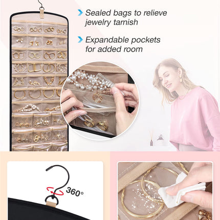 Hanging Jewelry Organizer Necklace Holder Anti-tangle Earrings Rings Hanger with 20 Jewelry Bags Travel Storage Roll with Pockets Hang on Closet, Wall, Door,1 Piece, Large, Black.