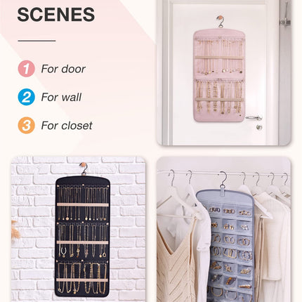 Hanging Jewelry Organizer Necklace Holder Anti-tangle Earrings Rings Hanger with 20 Jewelry Bags Travel Storage Roll with Pockets Hang on Closet, Wall, Door,1 Piece, Large, Black.