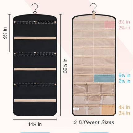 Hanging Jewelry Organizer Necklace Holder Anti-tangle Earrings Rings Hanger with 20 Jewelry Bags Travel Storage Roll with Pockets Hang on Closet, Wall, Door,1 Piece, Large, Black.