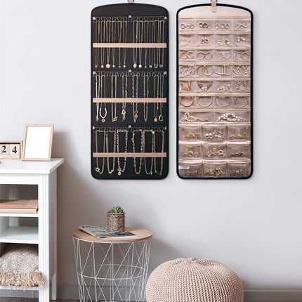 Hanging Jewelry Organizer Necklace Holder Anti-tangle Earrings Rings Hanger with 20 Jewelry Bags Travel Storage Roll with Pockets Hang on Closet, Wall, Door,1 Piece, Large, Black.