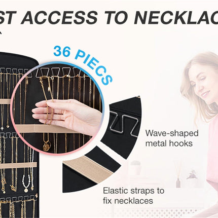 Hanging Jewelry Organizer Necklace Holder Anti-tangle Earrings Rings Hanger with 20 Jewelry Bags Travel Storage Roll with Pockets Hang on Closet, Wall, Door,1 Piece, Large, Black.