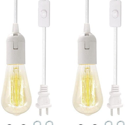 Plug in Hanging Light Kit, Retro Hanging Lights with Plug in Cord, E26 E27 Industrial Pendant Light Fixture, 5.9 FT Cord with On/Off Switch Hanging Lamp for Living Room Bedroom 2 Pack White.